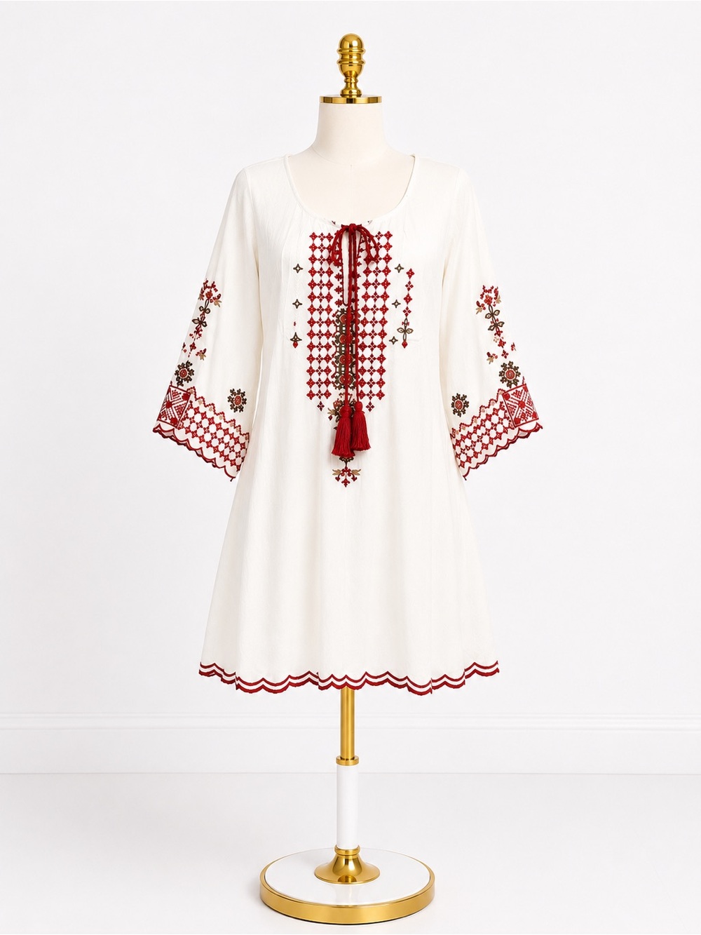 White Mini Dress with Red Embroidered Accents and Tassel Tie